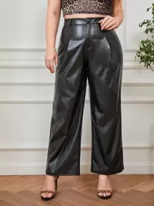 SHEIN Privé Plus High Waist PU Leather Wide Leg Trousers - Black - View 1