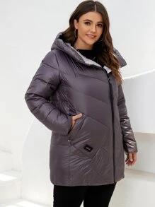HaiLuoZi Plus Letter Patched Detail Hooded Padded Coat - Mauve Purple - View 1