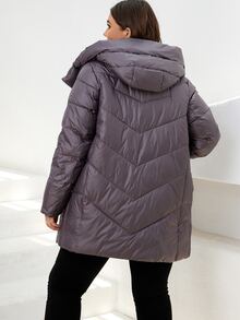 HaiLuoZi Plus Letter Patched Detail Hooded Padded Coat - Mauve Purple - View 2