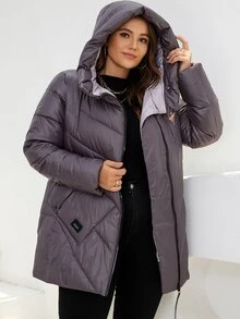 HaiLuoZi Plus Letter Patched Detail Hooded Padded Coat - Mauve Purple - View 6