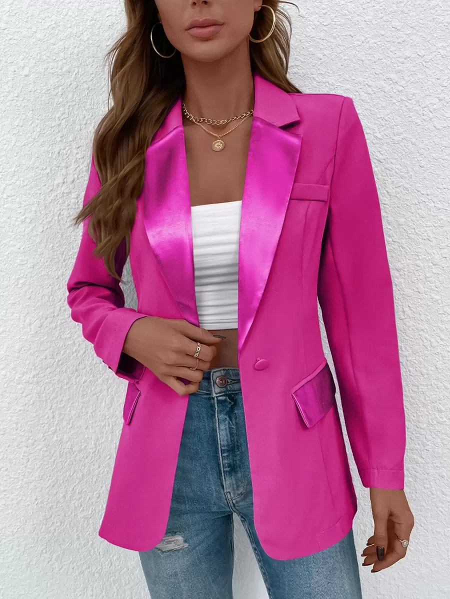 SHEIN Privé Single Button Flap Detail Blazer - Hot Pink - View 1