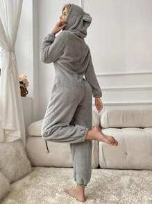 3D Ear Design Zipper Hooded Flannel Lounge Jumpsuit - Light Grey - View 2