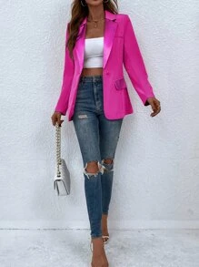 SHEIN Privé Single Button Flap Detail Blazer - Hot Pink - View 3