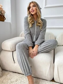 3D Ear Design Zipper Hooded Flannel Lounge Jumpsuit - Light Grey - View 5