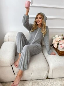 3D Ear Design Zipper Hooded Flannel Lounge Jumpsuit - Light Grey - View 6