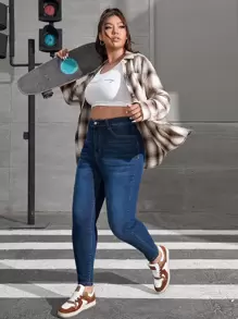 SHEIN ICON Plus Bleach Wash Skinny Jeans - Dark Wash - View 3