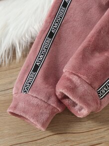 少女字母刺繡拼色法蘭絨套頭衫和褲子 - 彩色 - 查看 4