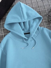 Manfinity Dauomo Men Kangaroo Pocket Drawstring Thermal Hoodie - Baby Blue - View 4