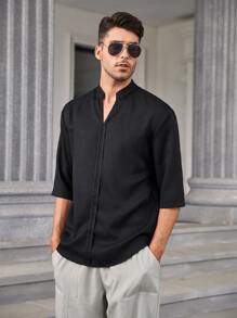 Manfinity Homme Men Solid Notched Neck Shirt - Black - View 3