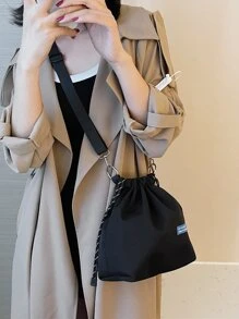 小型時尚拉繩便攜斜背包 - 黑色 - 查看 1