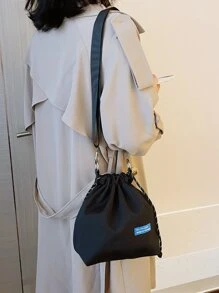 小型時尚拉繩便攜斜背包 - 黑色 - 查看 7