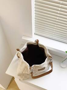 Large-capacity Simple Tote Shoulder Bag, Plaid Pattern Handbag With Fixed Strap, Fashionable Sling Bag - Beige - View 6