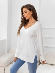 DEARCASE V-Neck Drop Shoulder Split Hem Sweater,Long Sleeve Tops - White - View 5