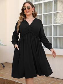 Đầm Plus Size xoắn lại màu trơn Giải trí - màu đen - Xem 5