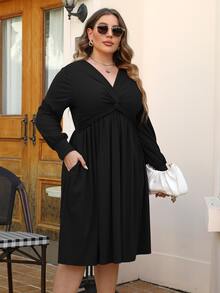 Đầm Plus Size xoắn lại màu trơn Giải trí - màu đen - Xem 6