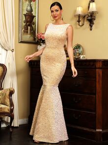 LOVE&LEMONADE Mermaid Hem Sequin Formal Dress - Apricot - View 3