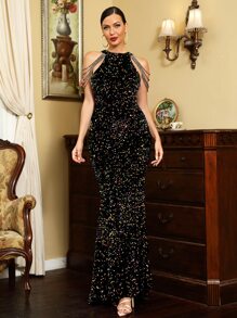 LOVE&LEMONADE Đầm ghép mộng kim sa màu trơn Buổi tiệc - màu đen - Xem 4