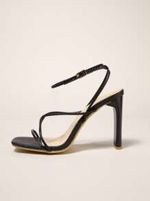 女用粗跟露趾綁帶涼鞋扣環黑色露趾裸帶後綁帶高跟鞋春夏 - 黑色 - 查看 3