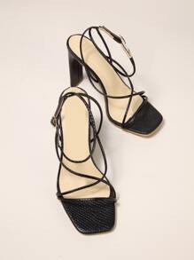 女用粗跟露趾綁帶涼鞋扣環黑色露趾裸帶後綁帶高跟鞋春夏 - 黑色 - 查看 5