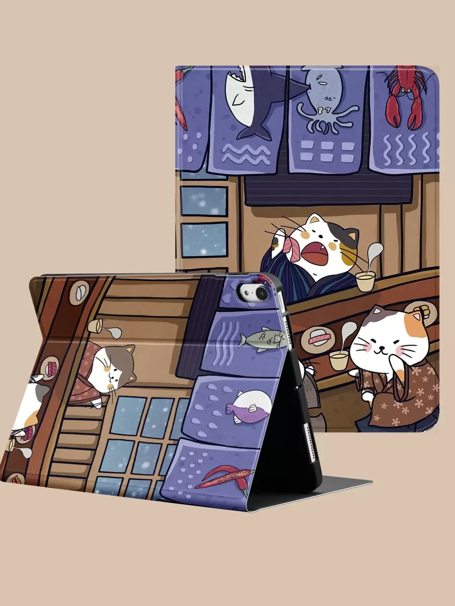 卡通猫印花保护壳,适用于 iPad - 彩色 - 查看 1