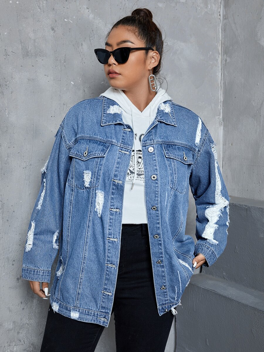 SHEIN EZwear Cazadora mezclilla desgarro de hombros caídos - Azul lavado medio - Ver 1