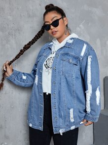 SHEIN EZwear Cazadora mezclilla desgarro de hombros caídos - Azul lavado medio - Ver 3