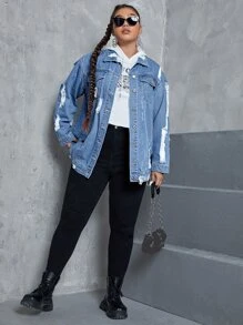 SHEIN EZwear Cazadora mezclilla desgarro de hombros caídos - Azul lavado medio - Ver 4