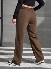 SHEIN EZwear Plus Slant Pocket Straight Leg Jeans - Coffee Brown - View 2