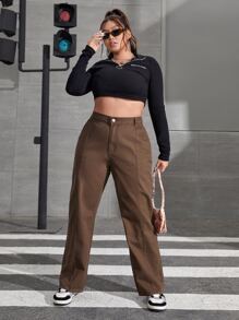 SHEIN EZwear Plus Slant Pocket Straight Leg Jeans - Coffee Brown - View 4