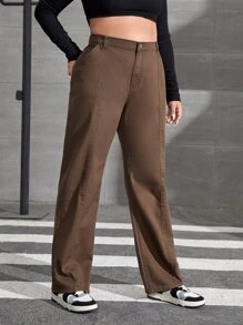SHEIN EZwear Plus Slant Pocket Straight Leg Jeans - Coffee Brown - View 5
