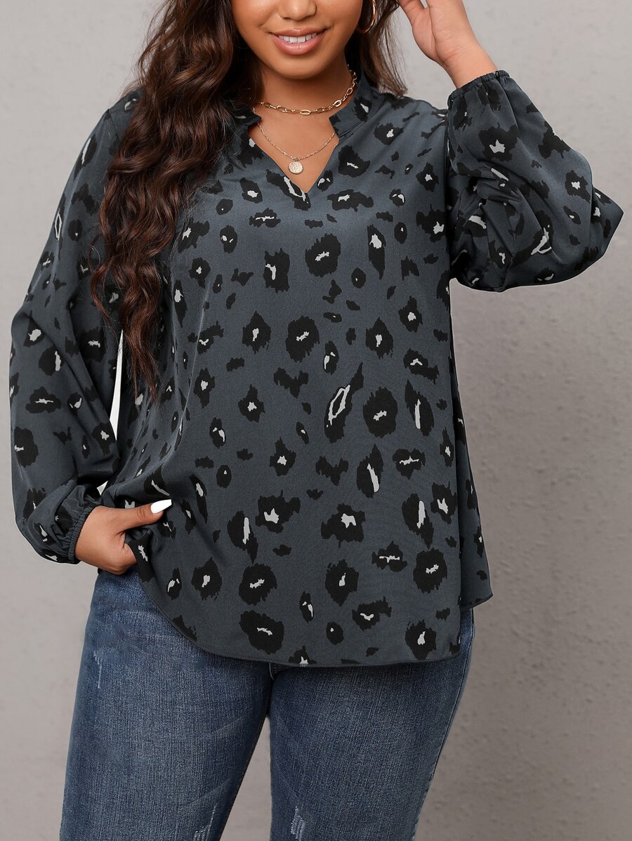 SHEIN LUNE Plus Allover Print Lantern Sleeve Blouse - Dark Grey - View 1