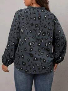 SHEIN LUNE Plus Allover Print Lantern Sleeve Blouse - Dark Grey - View 2