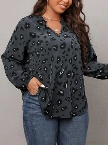 SHEIN LUNE Plus Allover Print Lantern Sleeve Blouse - Dark Grey - View 3