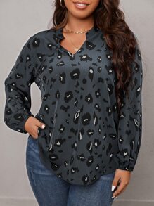 SHEIN LUNE Plus Allover Print Lantern Sleeve Blouse - Dark Grey - View 4