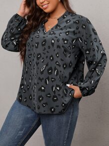 SHEIN LUNE Plus Allover Print Lantern Sleeve Blouse - Dark Grey - View 5