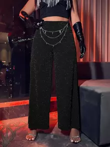 Plus High Waist Glitter Wide Leg Trousers Without Chain - Black - View 1