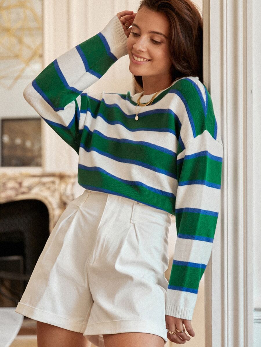 SHEIN Frenchy 塊狀條紋落肩袖套頭毛衣 - 彩色 - 查看 1