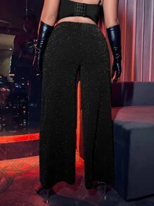 Plus High Waist Glitter Wide Leg Trousers Without Chain - Black - View 2