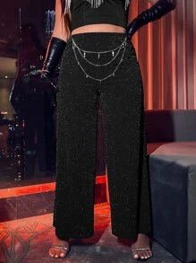 Plus High Waist Glitter Wide Leg Trousers Without Chain - Black - View 3