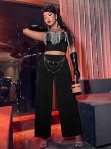 Plus High Waist Glitter Wide Leg Trousers Without Chain - Black - View 4