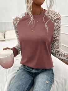 SHEIN LUNE Camiseta con encaje en contraste de manga raglán - Rosa vieja - Ver 1