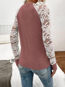 SHEIN LUNE Camiseta con encaje en contraste de manga raglán - Rosa vieja - Ver 2