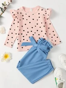 小女童心形圖案荷葉邊T恤和腰帶褲子 - 彩色 - 查看 1