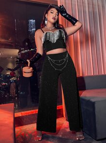 Plus High Waist Glitter Wide Leg Trousers Without Chain - Black - View 5