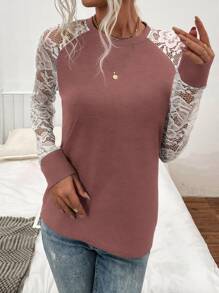SHEIN LUNE Camiseta con encaje en contraste de manga raglán - Rosa vieja - Ver 3