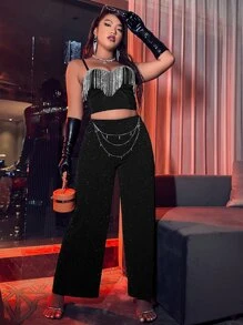 Plus High Waist Glitter Wide Leg Trousers Without Chain - Black - View 6