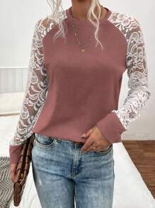 SHEIN LUNE Camiseta con encaje en contraste de manga raglán - Rosa vieja - Ver 4