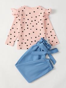 小女童心形圖案荷葉邊T恤和腰帶褲子 - 彩色 - 查看 2