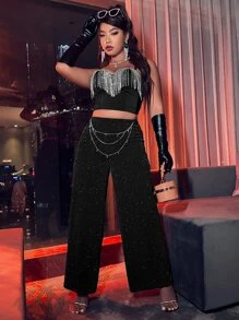 Plus High Waist Glitter Wide Leg Trousers Without Chain - Black - View 7