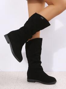 Women Hidden Heel Pleated Slip-On Mid-Calf Boots, Solid Color Flat Casual Boots - Black - View 1